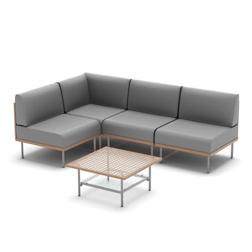 EO Living 5-Piece Modular Outdoor Patio Furniture Set, PE Rattan Sectional Conversation Sofa with Tempered Glass Table and Machine-Washable Cushions (Grey)