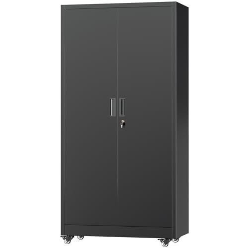 Greenvelly Metal Garage Storage Cabinet with 4 Swivel Wheels, 73” Black Storage Cabinet on Wheels, Rolling Tool Cabinet with Locking Doors and Shelves for Garage, Basement, Home, Warehouse
