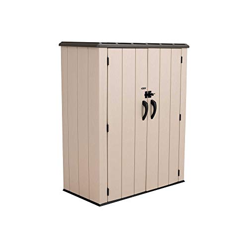 Lifetime Vertical Storage Shed, Desert Sand, Resin Outdoor Tool Shed with Lockable Doors and Weather-Resistant Panels