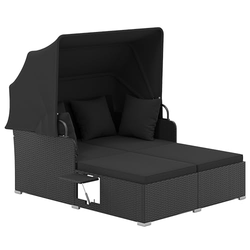 Tangkula Patio Rattan Daybed with Retractable Canopy, Outdoor Wicker Sunbed Lounger with 2 Foldable Side Tables, Thick Seat & Back Cushions, Outside Double Daybed for Garden, Backyard, Porch (Black)