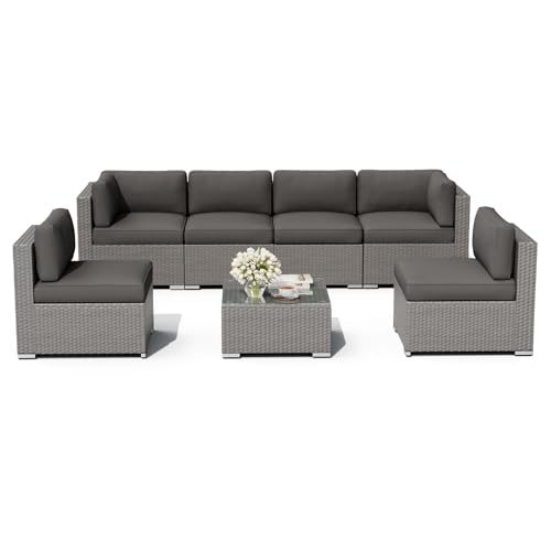 Oakcloud 7-Piece Outdoor Grey Rattan Wicker Sectional Conversation Sets Patio Furniture Sofa Set with Cushions and Glass Top Table(Grey)