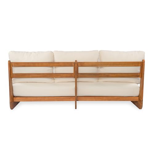 Merax Outdoor Acacia Wood Sofa with All-Weather Cushions, Patio Low 3-Seater Lounge Sofa for Porch, Lawn, Backyard, Balcony, Beige +Teak
