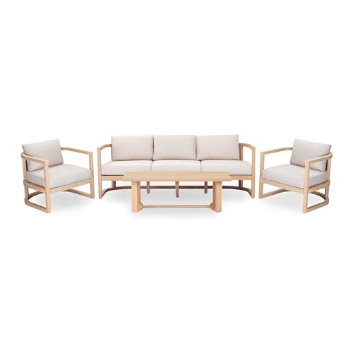 Christopher Knight Home Fido 5-Seater Patio Furniture Set with Cushion, 4 Piece Outdoor Acacia Wood Conversation Set, Solid Wood Outdoor Sectional Sofa Set with Coffee Table, Light Teak+Beige