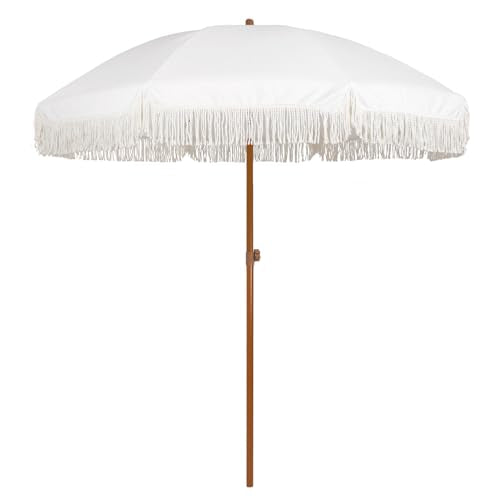 AMMSUN 7ft Patio Umbrella with Fringe Outdoor Tassel Umbrella UPF50+ Premium Steel Pole and Ribs Push Button Tilt, Cream White