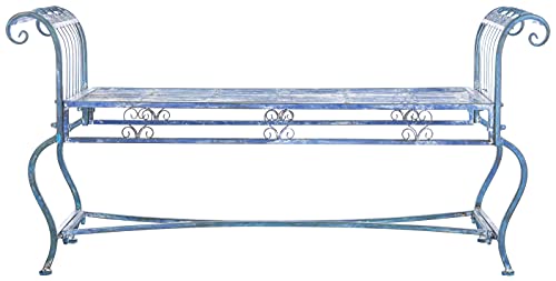 SAFAVIEH Outdoor - Brielle Iron Garden Bench - Mossy Blue - Vintage Ornate Scrollwork Design - Ideal for Patio, Deck, Porch, Garden, 52" W x 16" D x 25.5" H (PAT5004C)