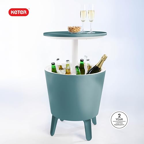 Keter Modern Cool Bar Outdoor Patio Furniture and Hot Tub Side Table with 7.5 Gallon Beer and Wine Cooler, Teal