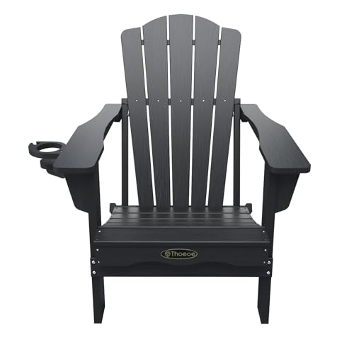 THOEOE Folding Adirondack Chair Set of 2,HDPE All-Weather Outdoor Chair with Cup Holder,Wooden Textured,Fire Pit Chair,Plastic Patio Chair for Deck,Backyard,Garden,Lawn, Black