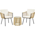 Yaheetech 3 Piece Patio Rattan Bistro Set, Outdoor All Weather PE Wicker Conversation Furniture Set with 2 Chairs & Tempered Glass Top Table & Cushions, for Poolside/Porch/Garden/Yard, Tan/Cream