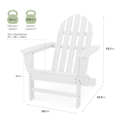 Hanover Classic Adirondack Chair, All-Weather HDPE Outdoor Furniture, Eco-Friendly, Durable Outdoor Patio Seating, White