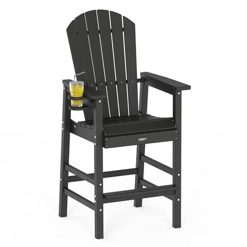 VINGLI Tall Adirondack Chair, All-Weather Plastic Adirondack Chair with Cup Holder Heavy-Duty Outdoor Barstools for Patio, Pool, Balcony,Backyard (Black, 1 PCS)