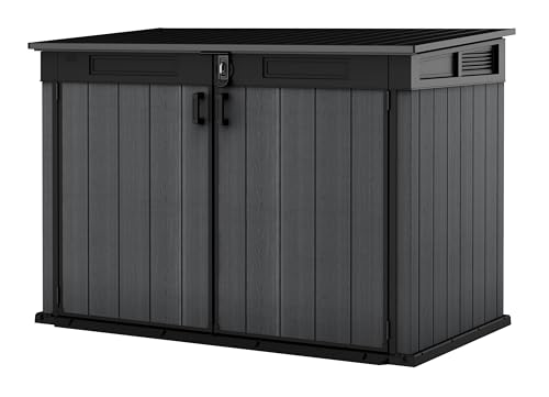 Keter Cortina Mega All‑Weather Outdoor Resin Horizontal Storage Shed with Lockable Doors, Garbage Bin & Yard Equipment Storage, Durable Patio Storage Cabinet, Graphite