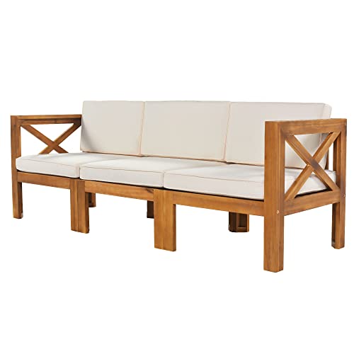 YSWH 5-Piece Patio Acacia Wood Outdoor Furniture Sectional Conversation Sets Sofa Set with Slatted Tabletop Tea Table and X-Back Wood Frame, Removable Cushions