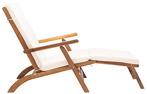 SAFAVIEH Outdoor - Palmdale Chaise Lounge Chair - Brown & Beige - Solid Wood with Cushion - Deck-Chair Design - Ideal for Patio, Poolside, Backyard, 21.9"W x 56.3"D x 36"H (PAT7015C)