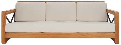 SAFAVIEH Couture Outdoor - Andros Sofa - Brown & Beige - Brazilian Teak Wood - Slatted Design with Removable Cushions - Ideal for Patio, Deck, Porch, Backyard, 16" Seat Height (CPT1010A)
