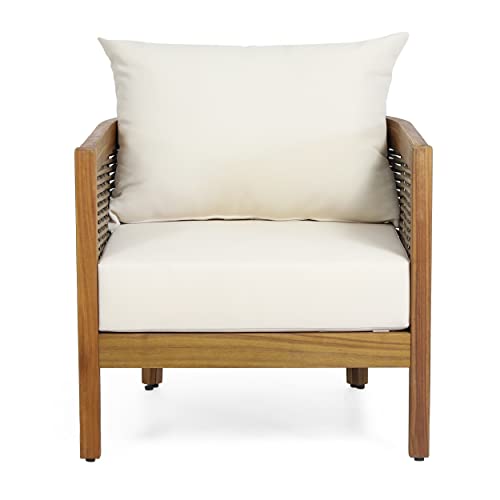 Christopher Knight Home Burchett Outdoor Acacia Wood Club Chair with Cushions, Lounge Chair for Patio Backyard, Stylish Garden Seating, Open Slat Design, PE Rattan Weaving, Brown+Beige