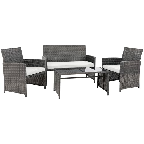 4 Piece Patio Ratten Set Outdoor Furniture Set Wicker Conversation Set with Cushions and Tempered Glass Tabletop,Beige