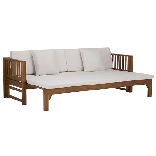 SAFAVIEH Outdoor Patio Furniture Collection - Napoli Brown & Cream Solid Wood Bench Convertible Daybed with Cushions, Versatile Patio Seating (PAT6805A)