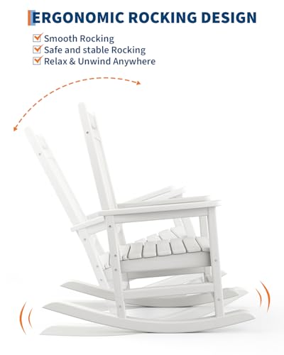 GarveeLife Poly Lumber Rocking Chair Outdoor Set of 2 with Side Table - HDPE High Back Porch Rocker Chairs for Adults - All Weather Resistant Furniture for Patio - White