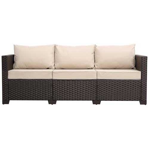 Rattan Star Outdoor Furniture Couch 3 Seater Sofa Outdoor Brown Wicker Sofa Deep Seat High Backrest Patio Couch with Non-Slip Cushions Waterproof Cover, Khaki