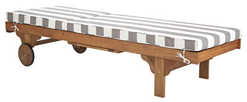 SAFAVIEH Outdoor Collection Newport Natural/ Grey & White Stripe Cushion Built-in Side Table Adjustable Chaise Lounge Chair