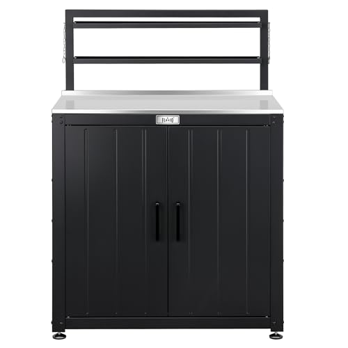 Feasto Outdoor Potting Bench Table with Storage Cabinet, Stainless Steel Garden Workstation, Raised-Edge Top, Adjustable Shelf & Removable Hutch for Patio, Balcony & Outdoor Workspace, Black