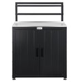 Feasto Outdoor Potting Bench Table with Storage Cabinet, Stainless Steel Garden Workstation, Raised-Edge Top, Adjustable Shelf & Removable Hutch for Patio, Balcony & Outdoor Workspace, Black
