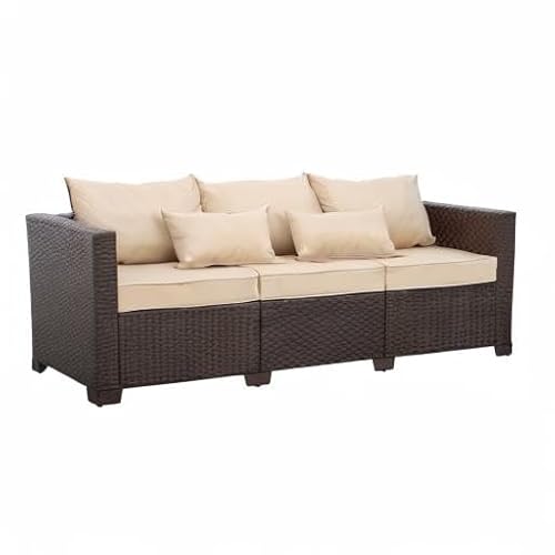 Rattan Star Outdoor Furniture Couch 3 Seater Sofa Outdoor Brown Wicker Sofa Deep Seat High Backrest Patio Couch with Non-Slip Cushions Waterproof Cover, Khaki