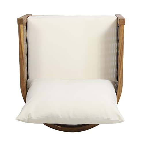 Christopher Knight Home Burchett Outdoor Acacia Wood Club Chair with Cushions, Lounge Chair for Patio Backyard, Stylish Garden Seating, Open Slat Design, PE Rattan Weaving, Brown+Beige
