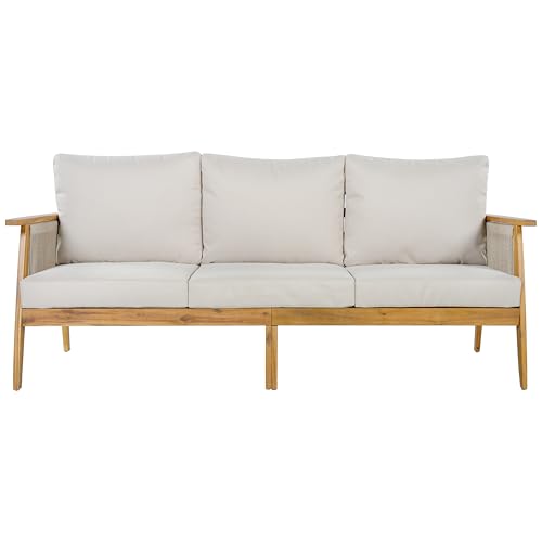 Christopher Knight Home Outdoor 3 Seater Patio Sofa with Acacia Wood Frame and Rope Weave Design, Cushioned Garden Couch with Removable Covers for Patio Deck Balcony, Teak and Beige