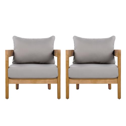 Christopher Knight Home Nadine Acacia Wood Club Chairs Set of 2, Outdoor Accent Chair, Tub Shape Design Armchair, Comfort Cushion Seating, Slat Open Back Reading Sofa for Balcony Garden, Teak+Gray