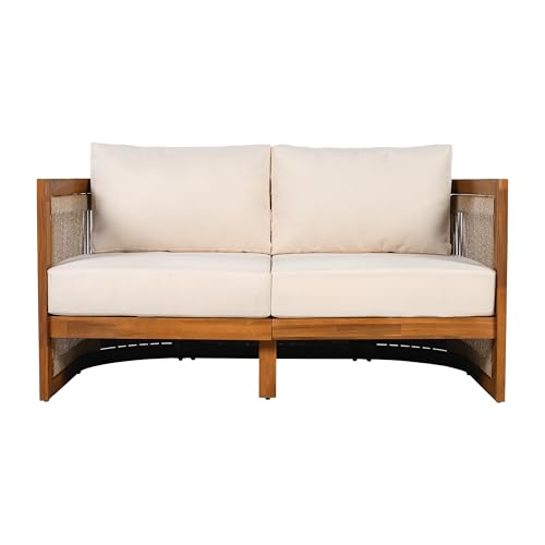 Christopher Knight Home Nesbit 8-Seater Patio Furniture Set with Removable Cushion, 8 Piece Outdoor Acacia Wood Conversation Set, Wooden Outdoor Sectional Sofa Set with Coffee Table, Beige