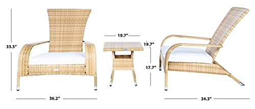 SAFAVIEH Outdoor - Edna 3-Piece Lounge Set - Natural & White - Steel Frame & Faux Rattan with Cushion - Wingback Tropical French Design - Ideal for Patio, Deck, Porch, Backyard (PAT7719D)