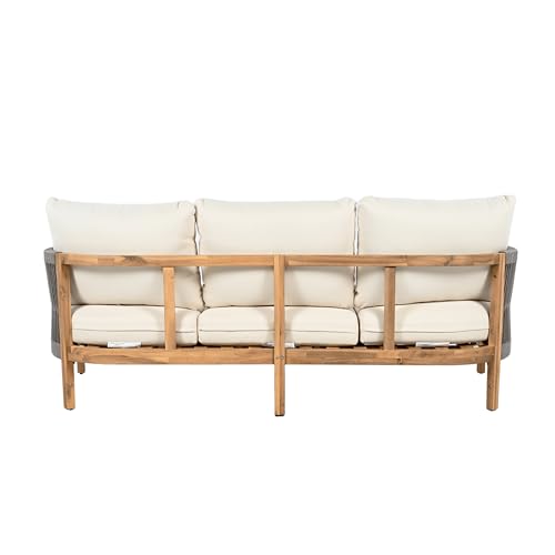 Christopher Knight Home Havets 77"W Outdoor 3 Seater Sofa, 6" Thick Cushion Couch, Acacia Wood Bench Sofa, Comfy Woven Rope Armchair, Spacious Seating Bench Couch for Backyard Garden Porch, Gray+Beige