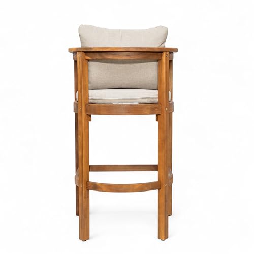Christopher Knight Home Kuart Acacia Wood Outdoor Bar Stool Set of 2 with Cushion, Patio Armchair Set for Bar Table, Wooden Counter Height Patio Bar Stool with Footrest, Teak+Beige