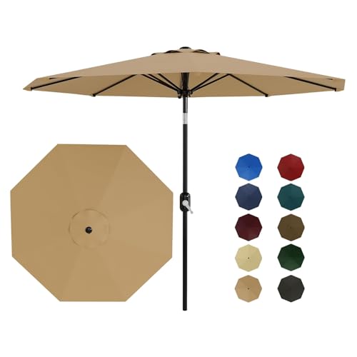 Garvee 9 ft Patio Umbrella - 8 Sturdy Ribs Outdoor Table Umbrella with Crank Lift & Push Button Tilt - Market Umbrella for Pool, Deck, Yard, Garden - Tan