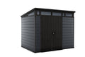 Keter Cortina 9x7 Ft All-Weather Storage Shed with Skylight, Window, Built-in Ventilation, Customizable Walls, & Lockable Double Doors, Graphite