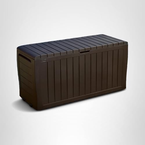 Keter Marvel Plus 71 Gallon Resin Outdoor Storage Box for Patio Furniture Cushions, Throw Pillows, Garden Tools and Pool Floats, Brown