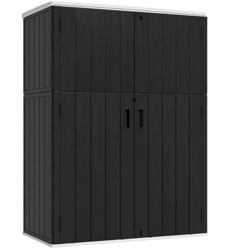 KINYING Outdoor Storage Shed,57 Cu.ft Vertical Outdoor Storage Cabinet Waterproof, Outdoor Resin Tool Shed for Patio Furniture, Garden Tools, Pool Accessories, Lawn Mower(Black Color)