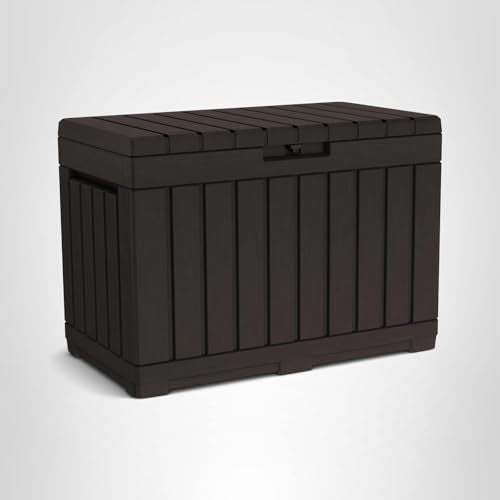 Keter Kentwood 50 Gallon Resin Deck Box-Organization and Storage for Patio Cushions, Throw Pillows and Garden Tools, Brown