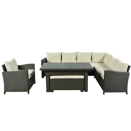 YYDSUS 6 Piece Outdoor Conversation Set Modular Patio Wicker Rattan Furniture Set All Weather Reinforced Wicker Rattan Sectional Sofa Chair with Bench and Cushions