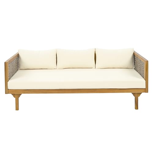 Christopher Knight Home Charm Patio Conversation Set, 3 Seater Acacia Wood Sofa, Spacious Seating Wicker Armrest Chair, Wood Coffee Table, Round Side Table, Outdoor Furniture for Backyard, Beige