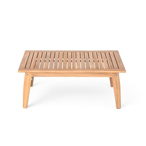 Christopher Knight Home Lorna 4-Seater Patio Furniture Set with Removable Cushion, 4 Piece Outdoor Acacia Wood Conversation Set, Sold Wood Outdoor Sectional Sofa Set with Coffee Table, Teak+Beige