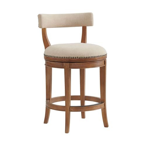 Hanover Swivel Counter Height Bar Stool, Weathered Brown and Beige, Solid Rubberwood Frame, Faux Leather Upholstered Seat, Memory Return Swivel, 20 in. W x 22 in. D x 37 in. H, Seat Height 26 in.