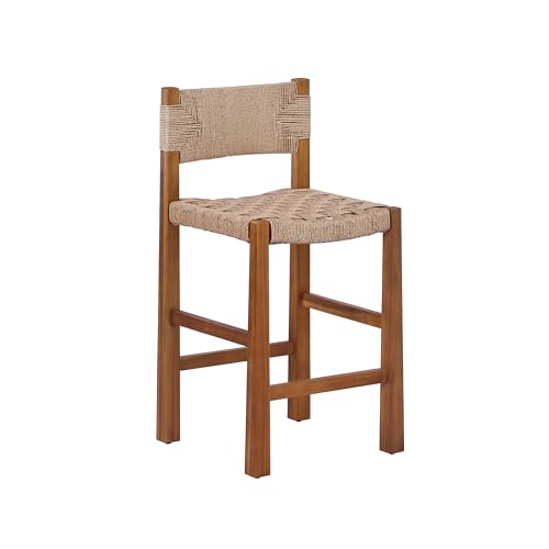 Christopher Knight Home 2-Pack Outdoor Counter Height Bar Stools with Backrest, Acacia Wood Frame Woven Wicker, 28" Patio Bar Chairs with Teak Finish for Deck Balcony Outdoor Bar Table, Light Brown