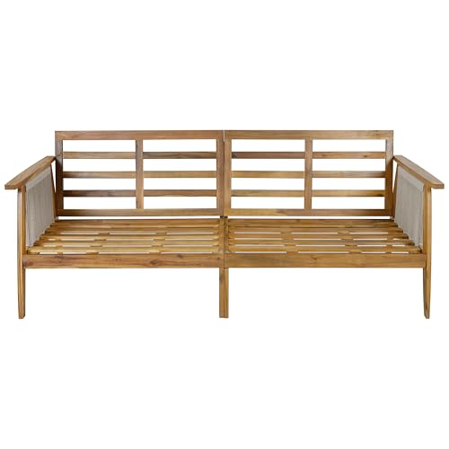 Christopher Knight Home Outdoor 3 Seater Patio Sofa with Acacia Wood Frame and Rope Weave Design, Cushioned Garden Couch with Removable Covers for Patio Deck Balcony, Teak and Beige