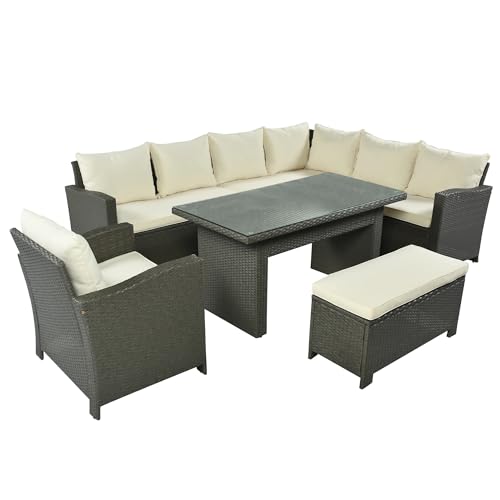 YYDSUS 6 Piece Outdoor Conversation Set Modular Patio Wicker Rattan Furniture Set All Weather Reinforced Wicker Rattan Sectional Sofa Chair with Bench and Cushions