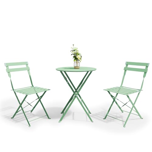 DSNAPE 3-Piece Folding Bistro Set, 2 Chairs and 1 Coffee Table, Space Saving Weather-Resistant Frame, Portable Indoor/Outdoor Patio Furniture Conversation Set for Garden Porch Balcony Deck - Green