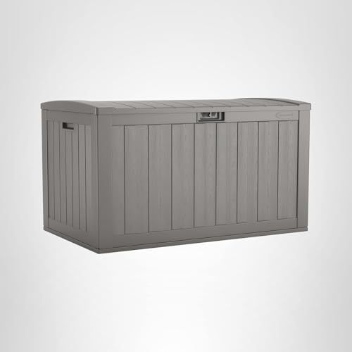 Suncast 134-Gal. Resin Extra-Large Outdoor Patio Deck Box with Pad-Lockable Lid, Modern Outdoor Patio Bench/Storage Box for Cushions, Garden Tools, and More, Dove Gray