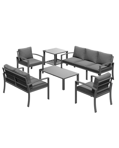 U-MAX Aluminum Patio Furniture Set 7 Seats, Modern Furniture Clearance with Coffee Table & Side Table, Patio Conversation Sets with Deep Cushions for Lawn, Garden, Porch, Balcony, Dark Grey