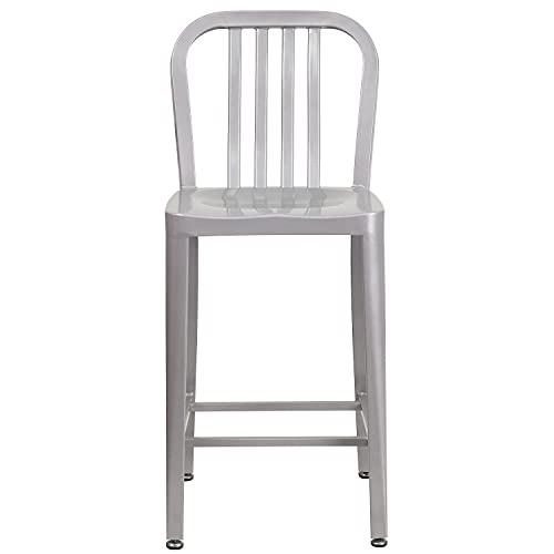 Flash Furniture Gael Commercial Grade 2 Pack 24" High Silver Metal Indoor-Outdoor Counter Height Stool with Vertical Slat Back